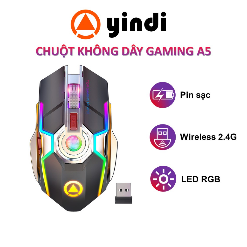 Chuột máy tính không dây YINDIAO A5 gaming cho game thủ ngoại hình độc đáo LED RGB đa sắc kết nối USB 2.4G