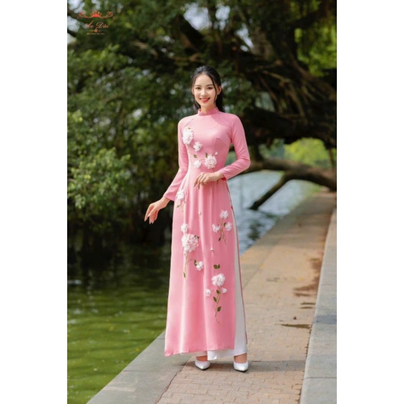 Áo dài truyền thống Giao Chi 3 gam màu xanh cốm, hồng sen, hồng nhạt thời trang áo dài nàng thơ 2023