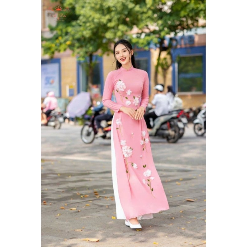 Áo dài truyền thống Giao Chi 3 gam màu xanh cốm, hồng sen, hồng nhạt thời trang áo dài nàng thơ 2023