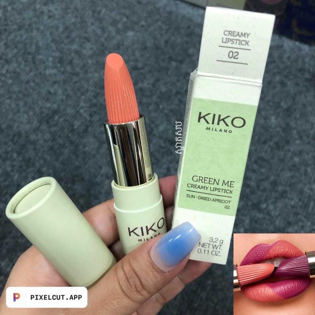 KIKO Green Me Creamy Lipstick - Son hữu cơ kiko màu 02 cam đào, 03 đỏ cam