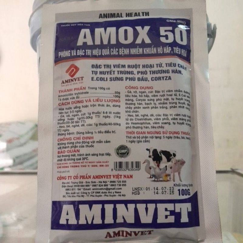 AMOX 50% 100g Aminvet phân xanh, phân trắng; bại huyết vịt, ngan...