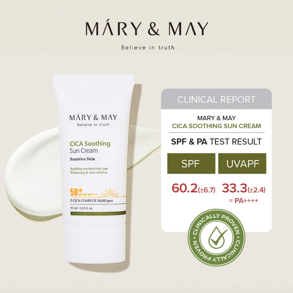 Kem chống nắng hoá học, dịu da MARY & MAY CICA SOOTHING SUN CREAM