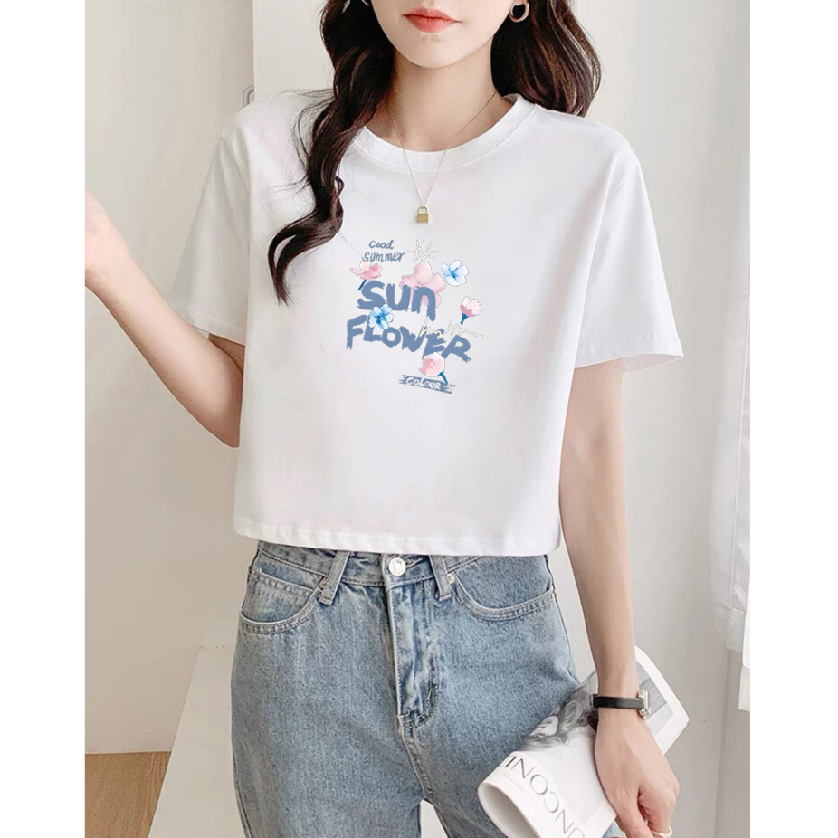 Áo croptop nữ form rộng in chữ Sun Flower - Áo phông nữ dáng ngắn Loza GT6494