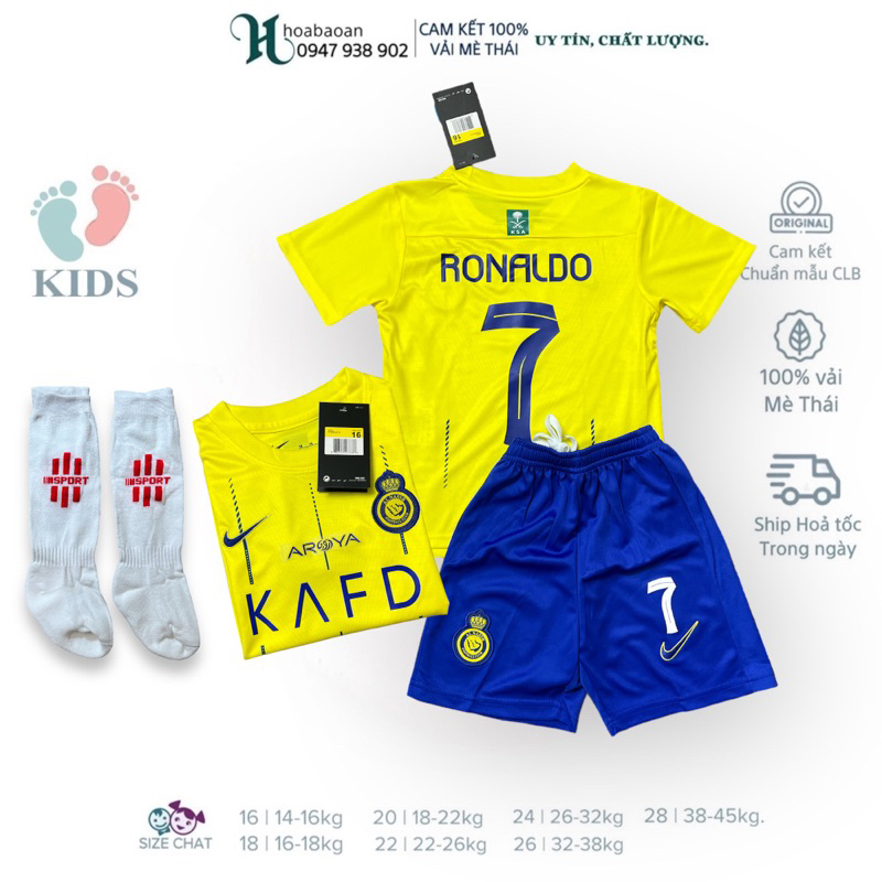 Bộ quần áo đá banh Trẻ Em CLB Alnassr màu vàng in sẵn tên số Ronaldo