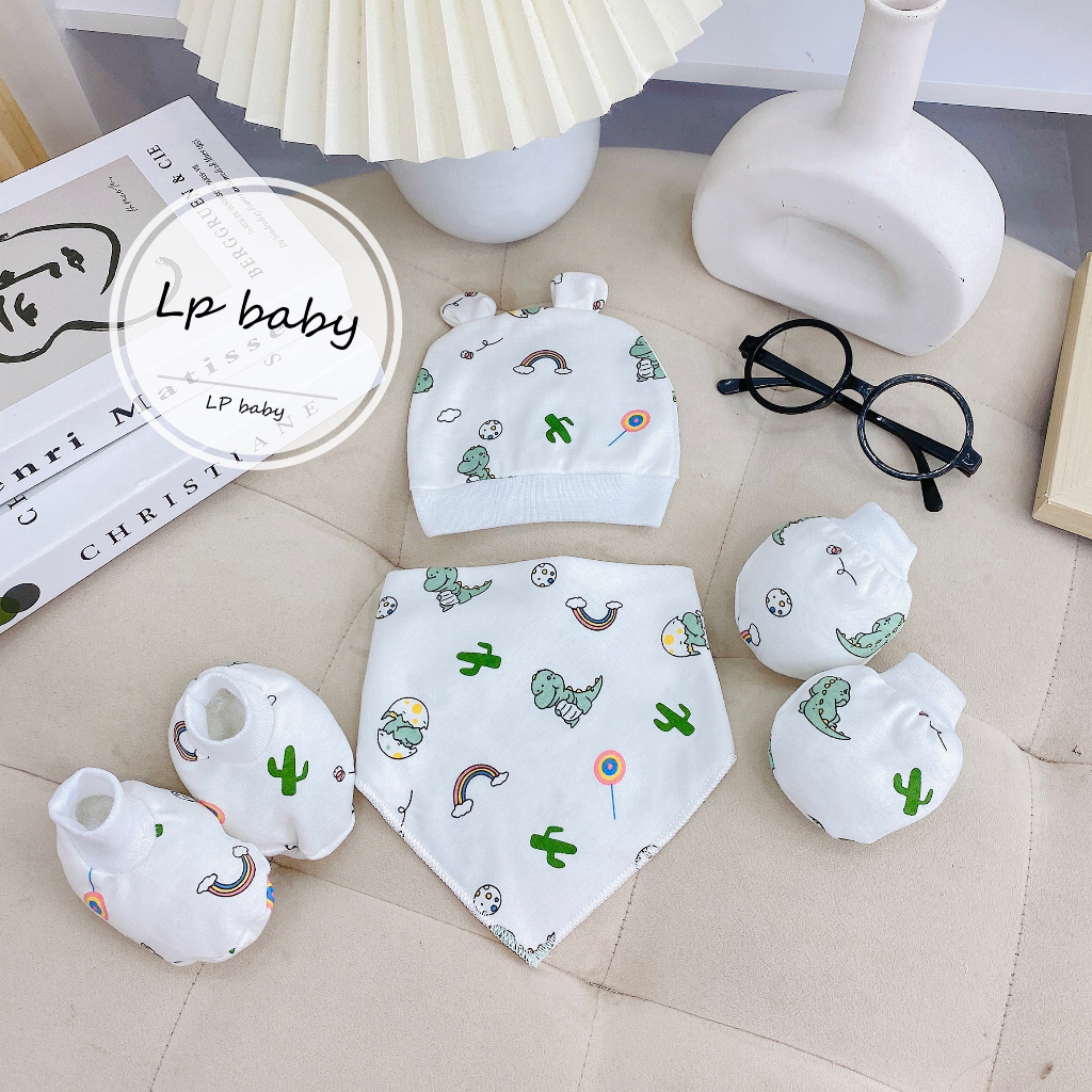 Sét mũ kèm bao tay bao chân KÈM YẾM HỌA TIẾT 6 MÓN CAO CẤP cực xinh cho bé SM18