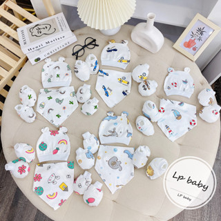 Sét mũ bao tay bao chân sơ sinh KÈM YẾM HỌA TIẾT 6 MÓN CAO CẤP cực xinh cho bé SM18