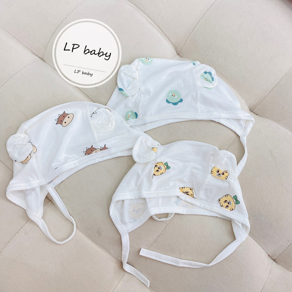 Mũ sơ sinh BUỘC DÂY CÓ TAI THUN PETIT MỀM MỊN CO GIÃN TỐT họa tiết đáng yêu cho bé M20