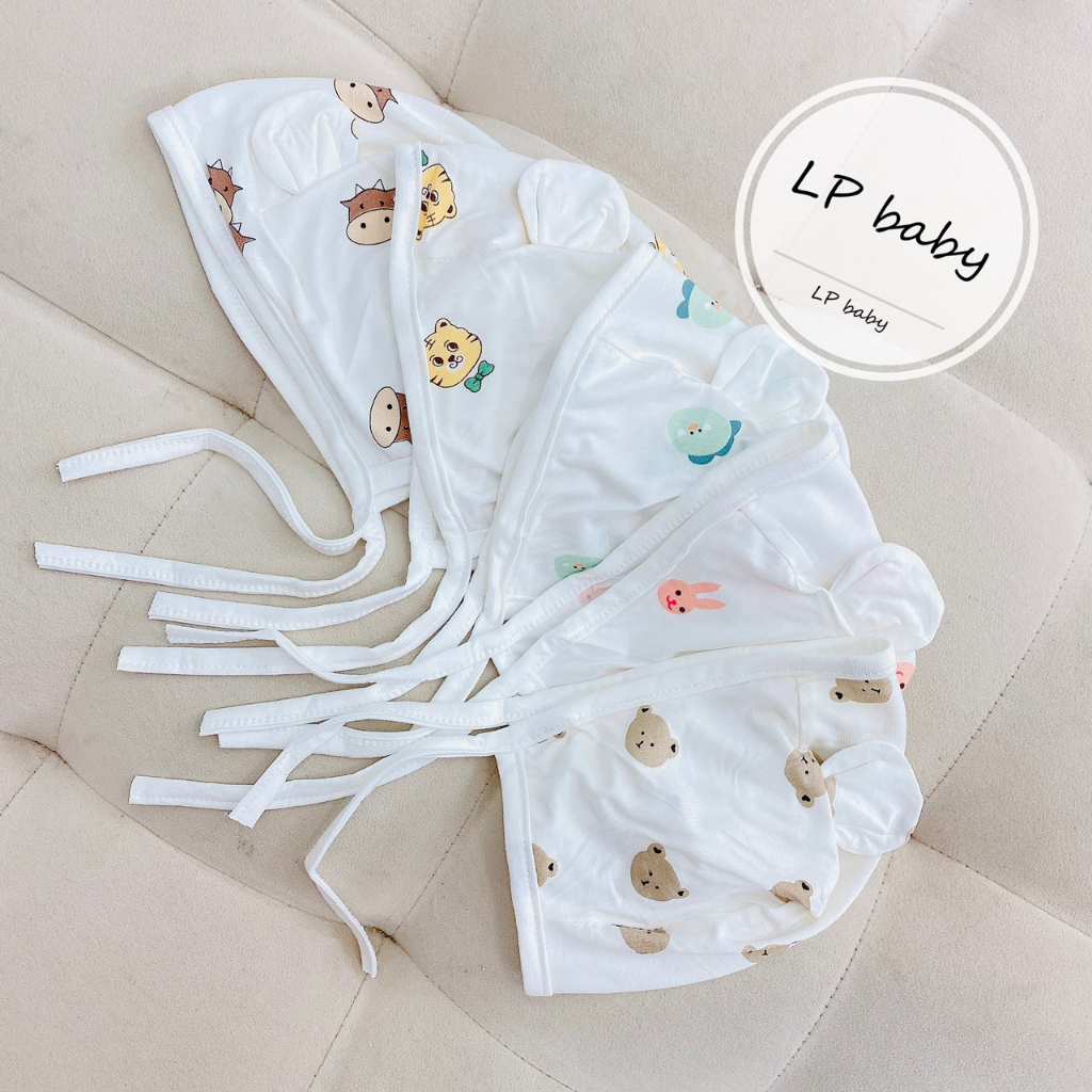 Mũ sơ sinh BUỘC DÂY CÓ TAI THUN PETIT MỀM MỊN CO GIÃN TỐT họa tiết đáng yêu cho bé M20