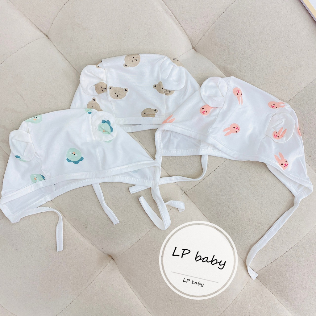 Mũ sơ sinh BUỘC DÂY CÓ TAI THUN PETIT MỀM MỊN CO GIÃN TỐT họa tiết đáng yêu cho bé M20
