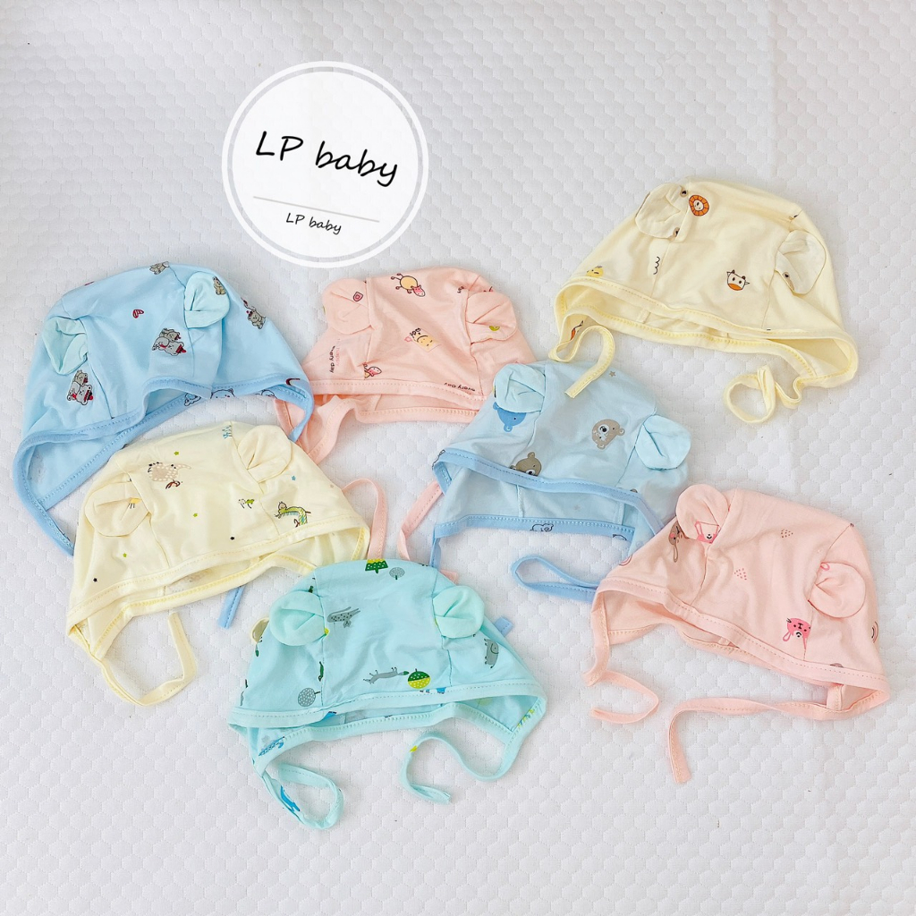Mũ sơ sinh BUỘC DÂY CÓ TAI THUN PETIT MỀM MỊN CO GIÃN TỐT họa tiết đáng yêu cho bé M20