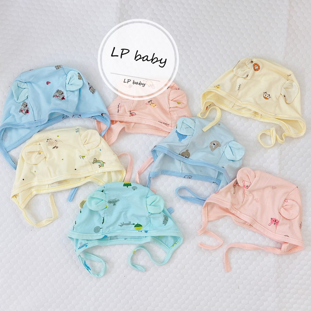 Mũ sơ sinh BUỘC DÂY CÓ TAI THUN PETIT MỀM MỊN CO GIÃN TỐT họa tiết đáng yêu cho bé M20