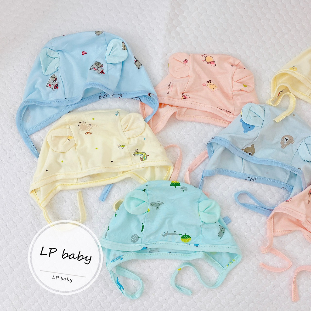 Mũ sơ sinh BUỘC DÂY CÓ TAI THUN PETIT MỀM MỊN CO GIÃN TỐT họa tiết đáng yêu cho bé M20