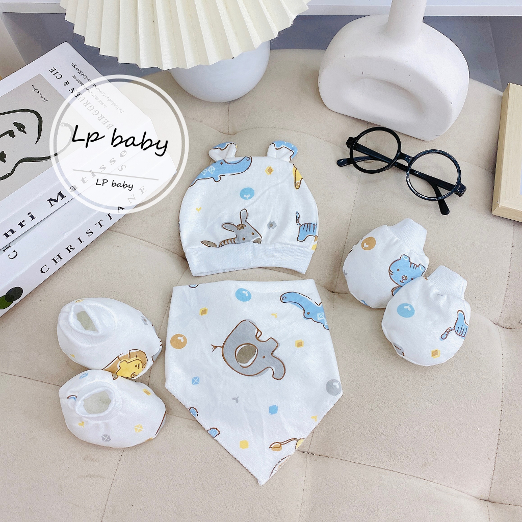 Sét mũ kèm bao tay bao chân KÈM YẾM HỌA TIẾT 6 MÓN CAO CẤP cực xinh cho bé SM18