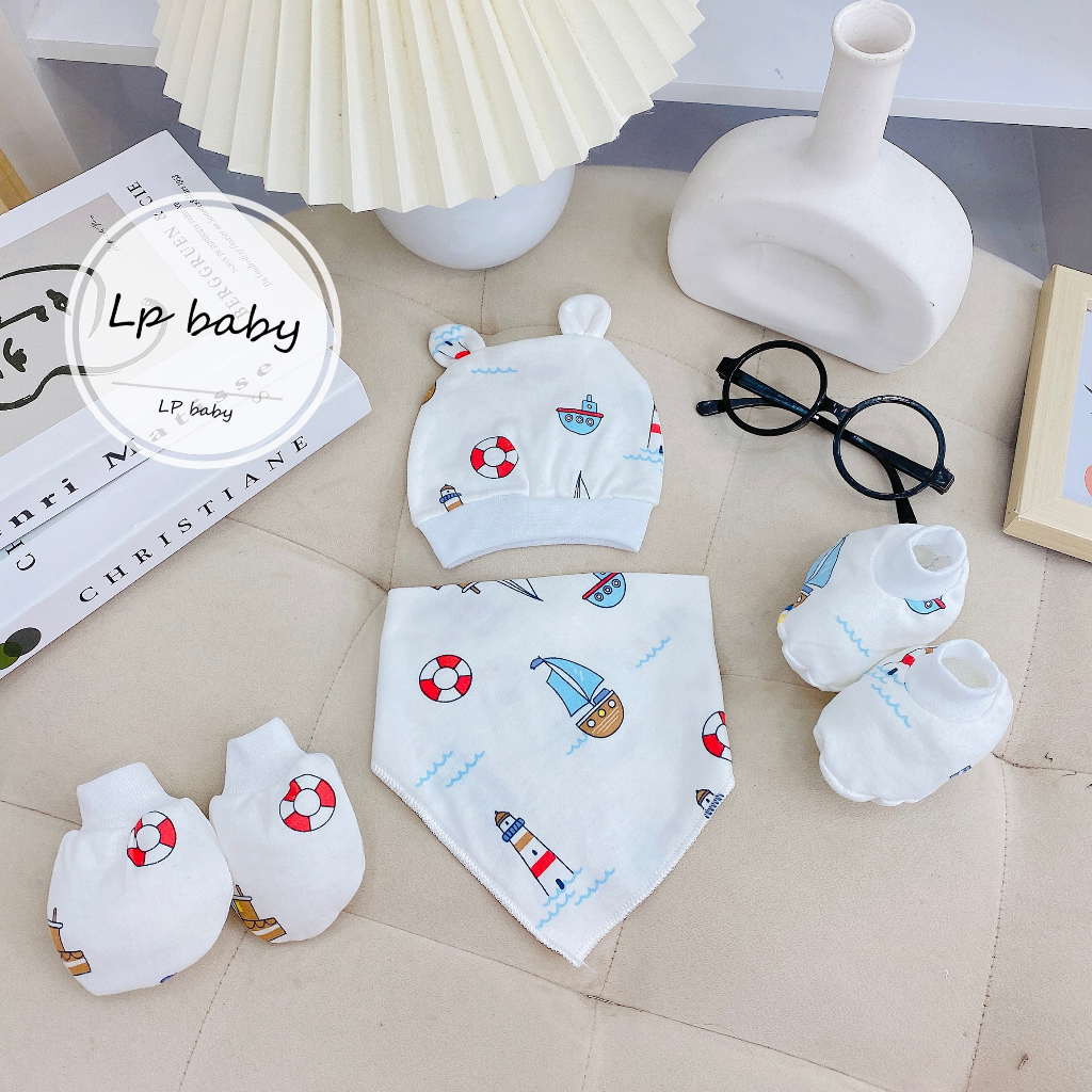 Sét mũ kèm bao tay bao chân KÈM YẾM HỌA TIẾT 6 MÓN CAO CẤP cực xinh cho bé SM18