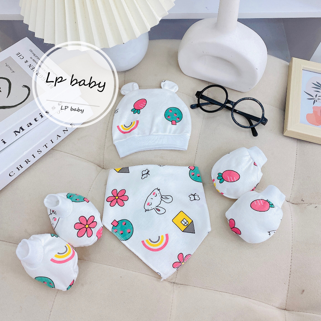Sét mũ kèm bao tay bao chân KÈM YẾM HỌA TIẾT 6 MÓN CAO CẤP cực xinh cho bé SM18