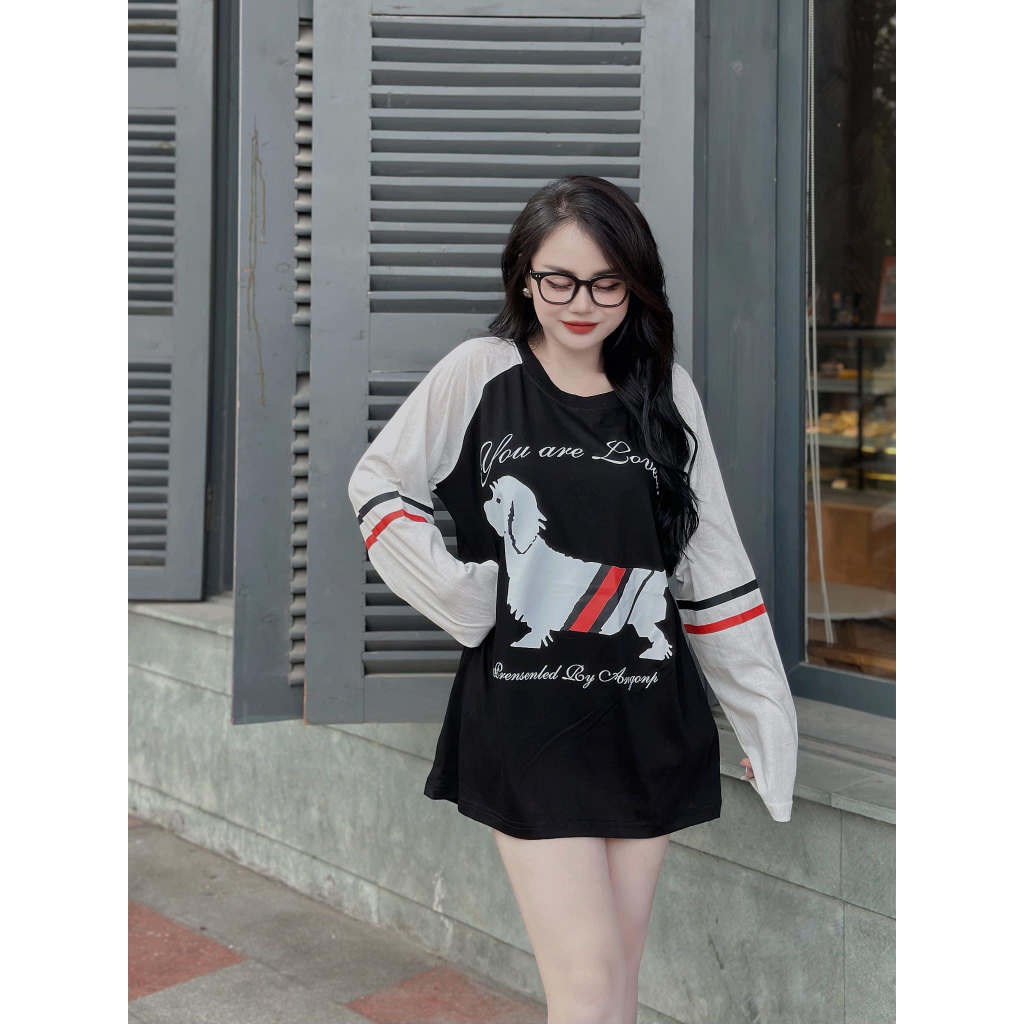 Áo Phông Áo Thun Nữ Dài Tay Dáng Thụng Mix Hình IN Sọc 2 Màu Trắng Đen Cotton 40-70KG 2 Màu mẫu AODOGSOCTRANGDO.PT239