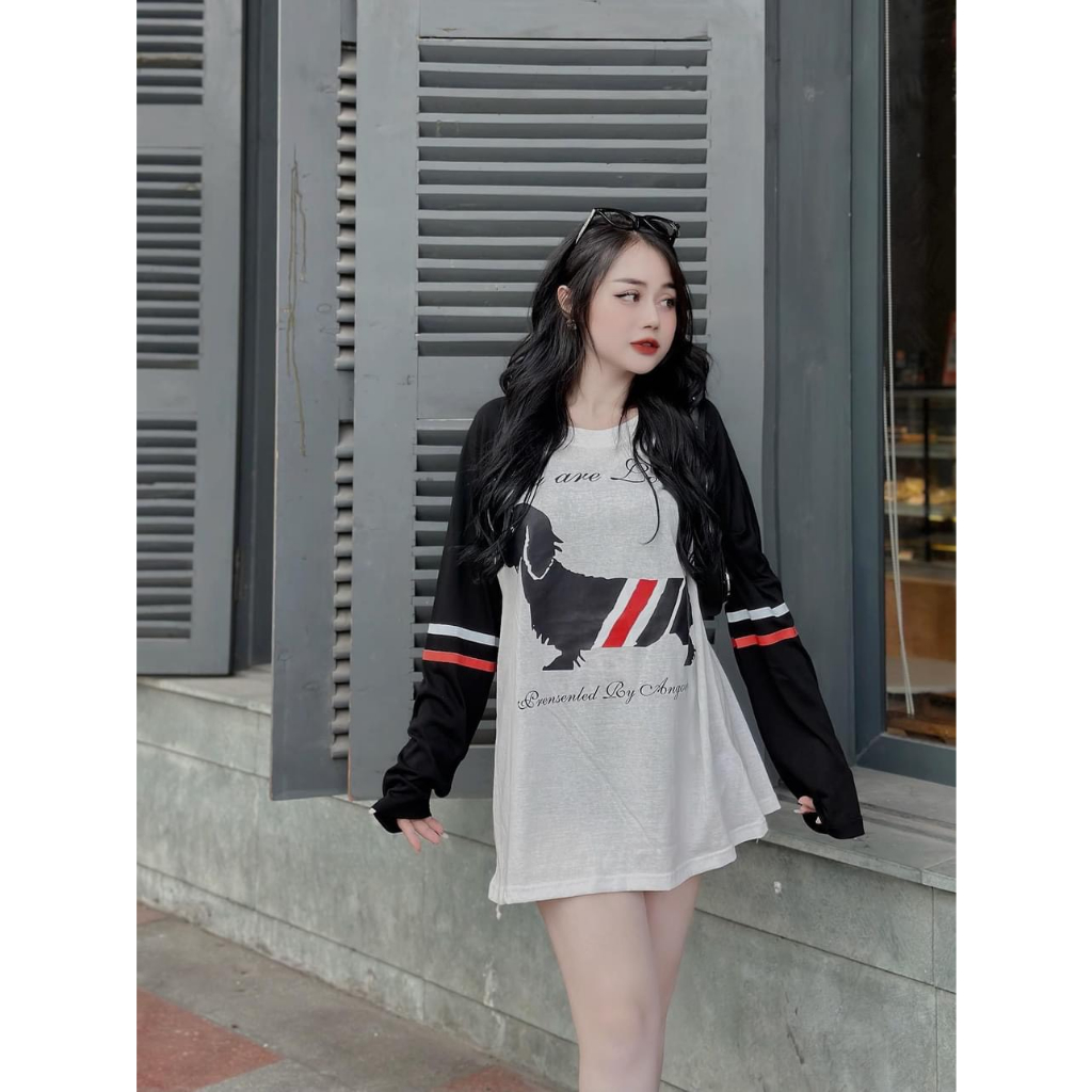 Áo Phông Áo Thun Nữ Dài Tay Dáng Thụng Mix Hình IN Sọc 2 Màu Trắng Đen Cotton 40-70KG 2 Màu mẫu AODOGSOCTRANGDO.PT239