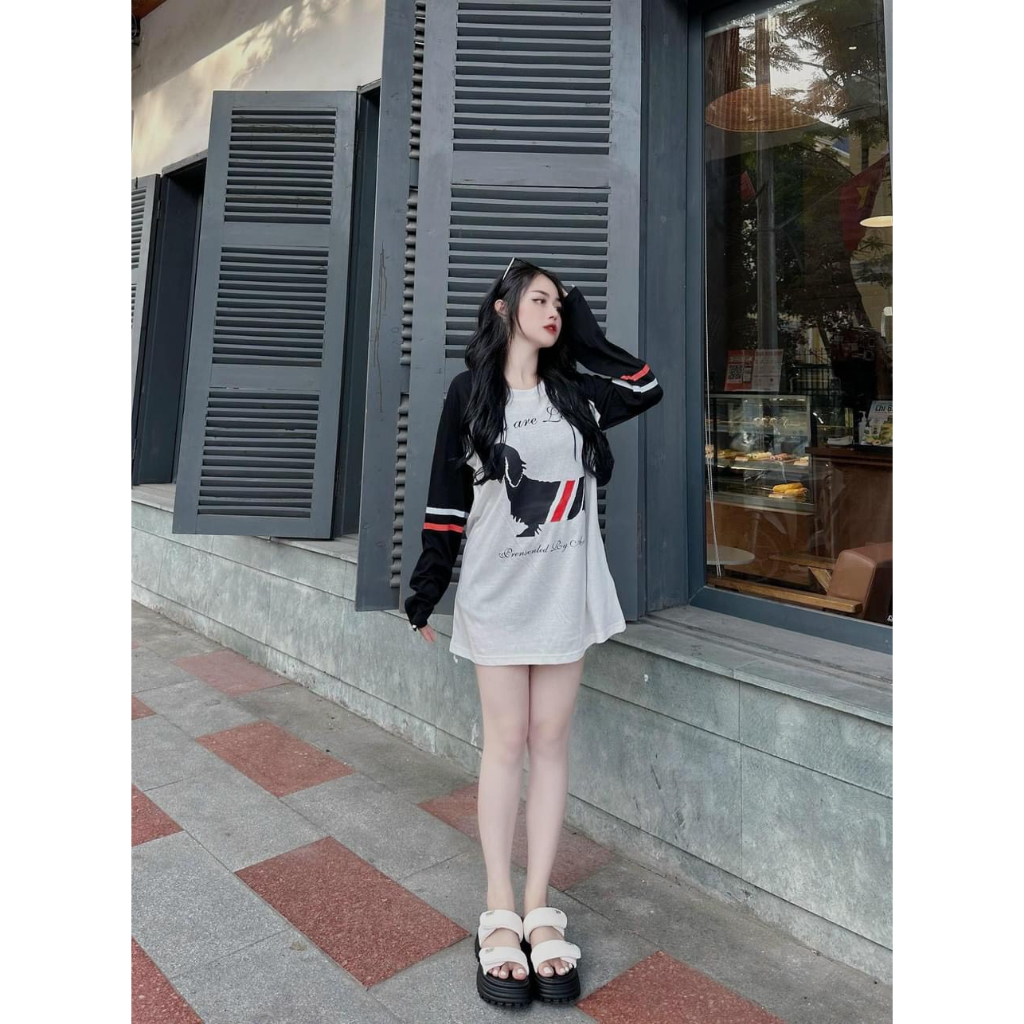 Áo Phông Áo Thun Nữ Dài Tay Dáng Thụng Mix Hình IN Sọc 2 Màu Trắng Đen Cotton 40-70KG 2 Màu mẫu AODOGSOCTRANGDO.PT239