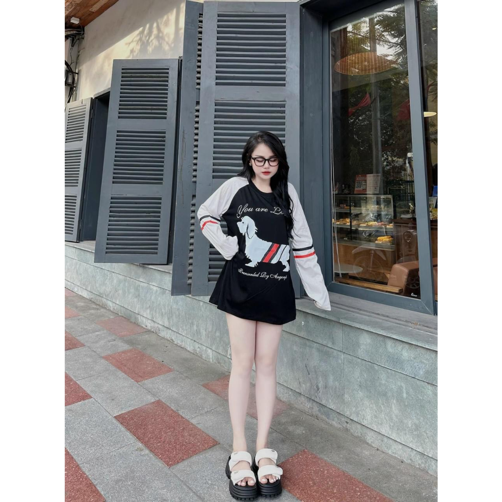 Áo Phông Áo Thun Nữ Dài Tay Dáng Thụng Mix Hình IN Sọc 2 Màu Trắng Đen Cotton 40-70KG 2 Màu mẫu AODOGSOCTRANGDO.PT239