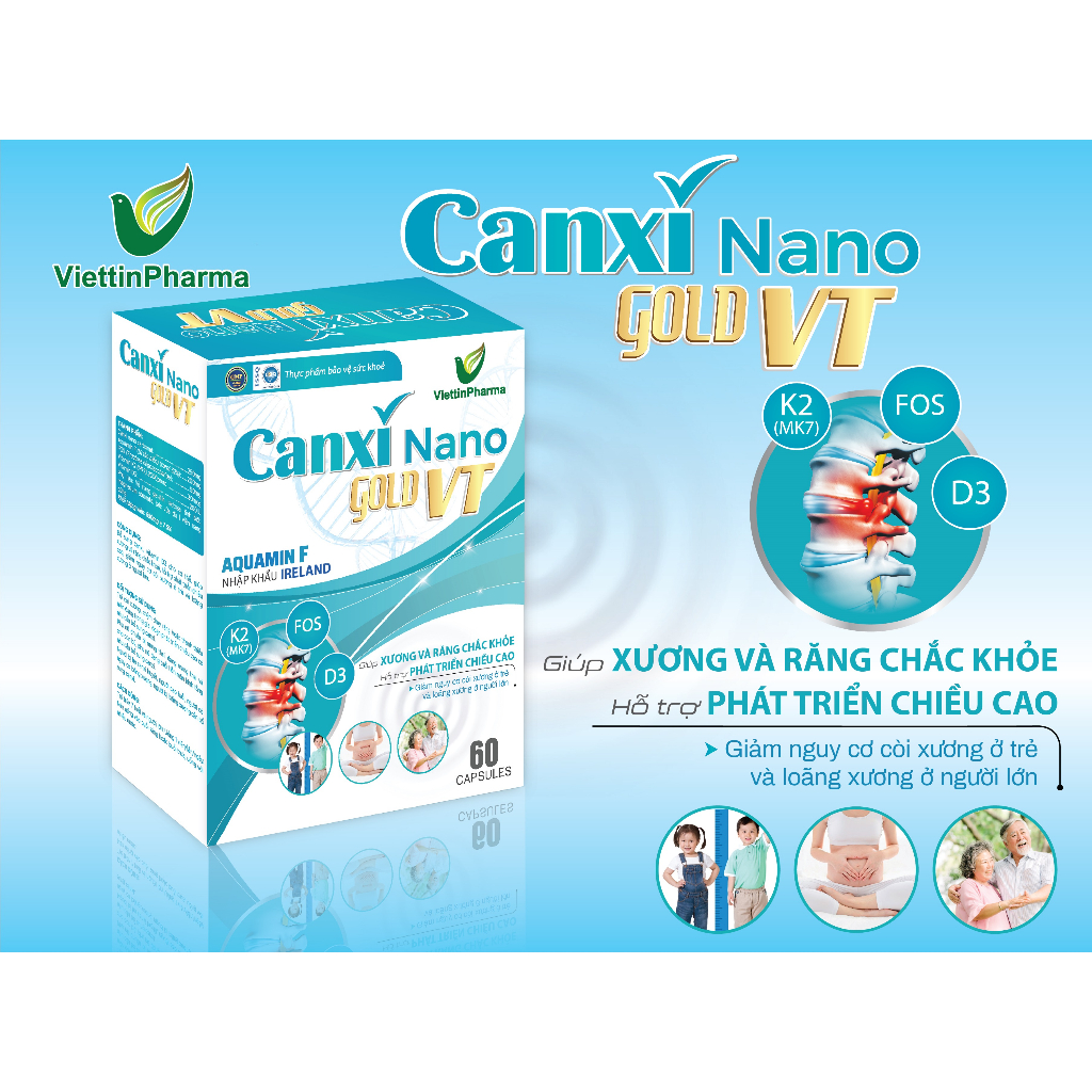 Viên uống CANXI NANO GOLD MK7 Bổ Sung Canxi Vitamin D3K2 Cho Cơ Thể Phát Triển Chiều Cao, Ngừa Loãng Xương - Hộp 60 Viên