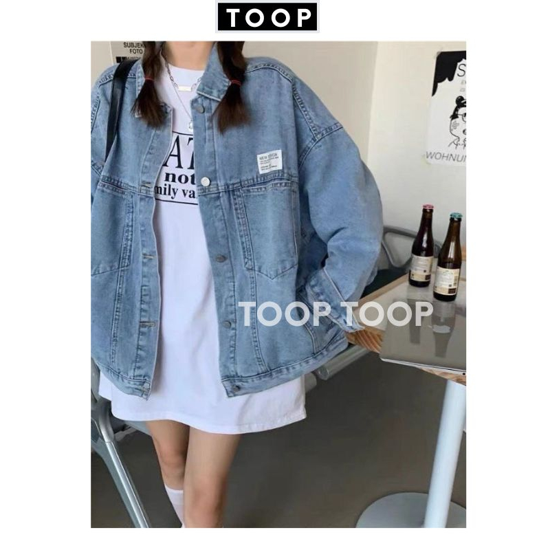 Áo khoác bò jeans phom rộng thêu logo kiểu dáng hàn quốc ulzzang -áo khoác jeans unisex cực xinh trẻ chung năng động