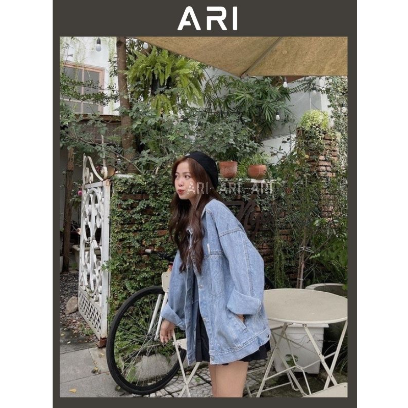 Áo khoác bò jeans phom rộng thêu logo kiểu dáng hàn quốc ulzzang -áo khoác jeans unisex cực xinh trẻ chung năng động-ARI