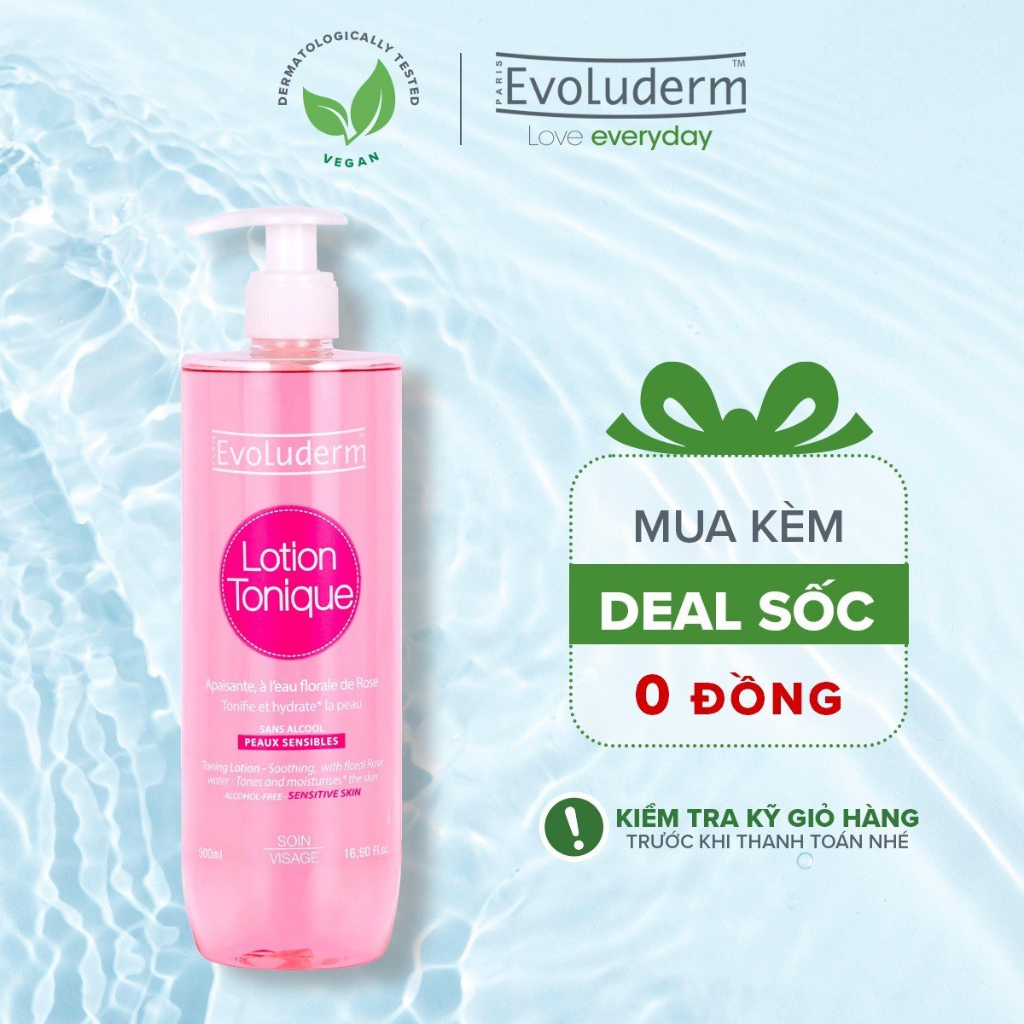 Nước hoa hồng Evoluderm Lotion Tonique dưỡng ẩm và làm sạch da dành cho da nhạy cảm 500ml