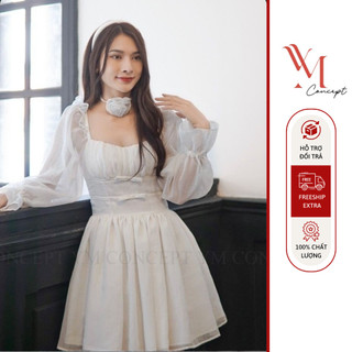 YM Concept Đầm Thiết Kế Dự Tiệc Trắng Xòe Tiểu Thư Sang Trọng Phối Nơ Viền Bèo Kane Dress - D0760