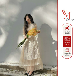 YM Concept Set Áo Dài Hoa Nổi Phối Tay Voan + Chân Váy xếp Ly - D0649
