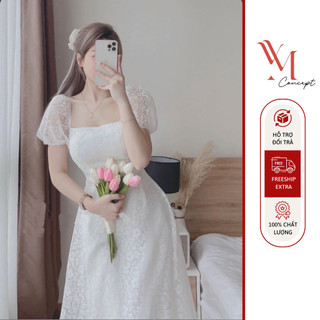 YM Concept Đầm Midi Cổ Vuông Trắng Hoa Nổi Hở Lưng - D0602