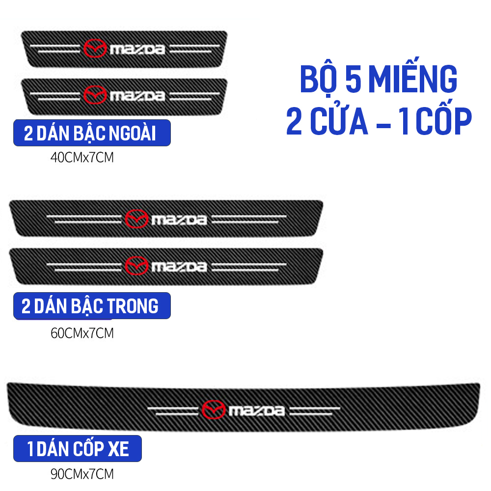 Bộ 9 miếng dán vân carbon nẹp cửa chống trầy xước bậc lên xuống oto xe hơi Mazda 3,Mazda 6,Mazda CX-5,CX-8,CX-30,BT50
