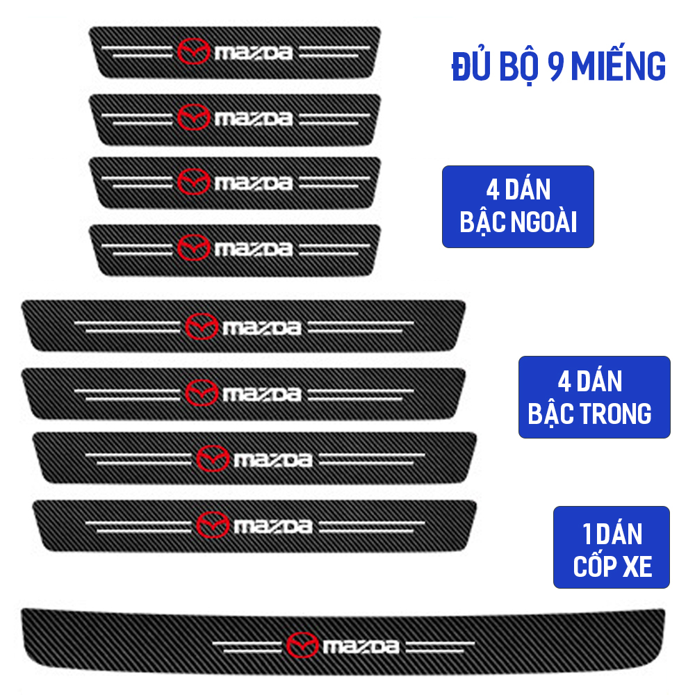 Bộ 9 miếng dán vân carbon nẹp cửa chống trầy xước bậc lên xuống oto xe hơi Mazda 3,Mazda 6,Mazda CX-5,CX-8,CX-30,BT50