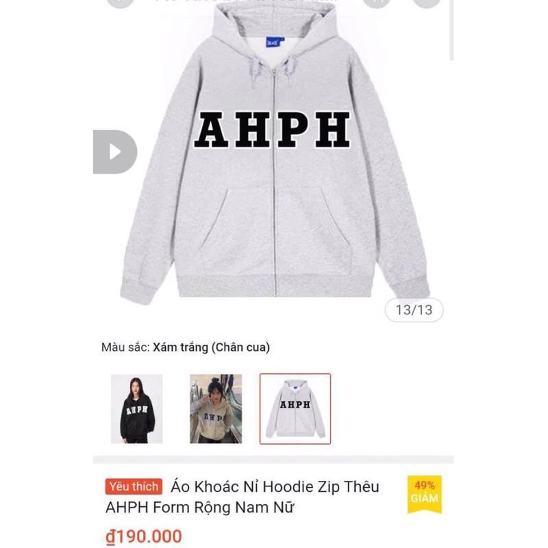 Pass áo khoác nỉ hoodie zip thêu AHPH, mới 100%