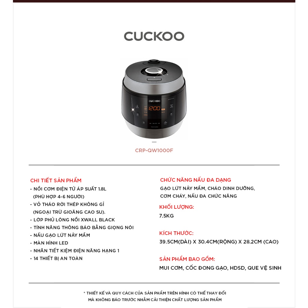 Nồi cơm điện tử áp suất Cuckoo 1.8L CRP-QW1000F (tiếng Anh) - Lòng nồi phủ men Xwall độc quyền - Sản xuất tại Hàn Quốc