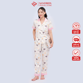 Đồ bộ pijama mặc nhà SANDBOX chất liệu lụa satin Nhật cao cấp thiết kế quần dài áo cộc họa tiết trẻ trung