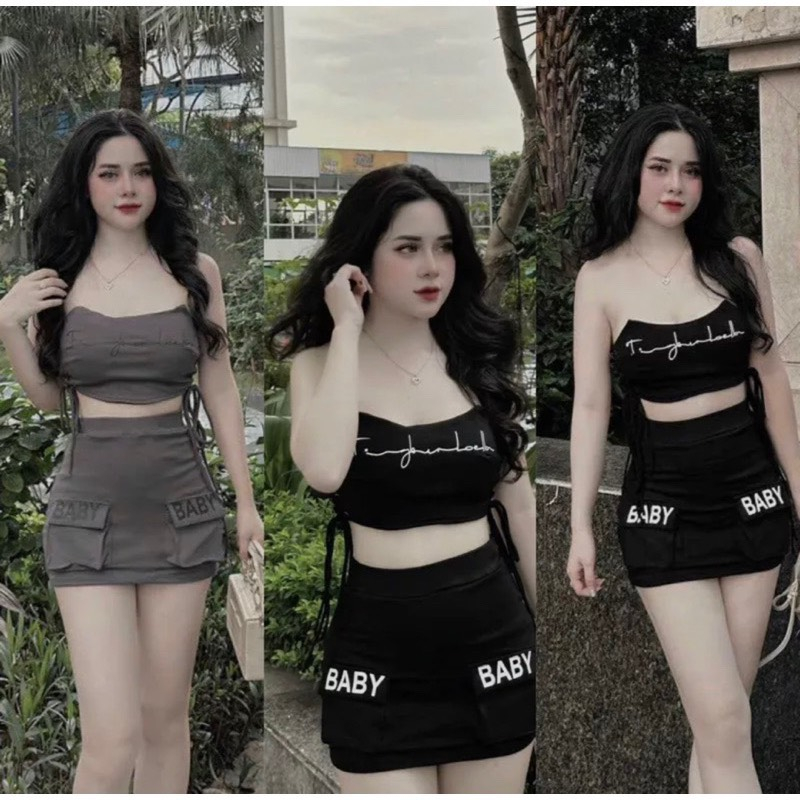 Set áo 2 dây đan dây 2 bên có mút và chân váy body túi hộp có may kèm lót quần