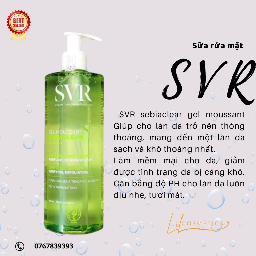 Sữa Rửa Mặt Dịu Nhẹ, Loại Bỏ Tế Bào Da Chết SVR Sebiaclear Gel Moussant 400ml Hàng chuẩn Pháp LIL COSMETICS