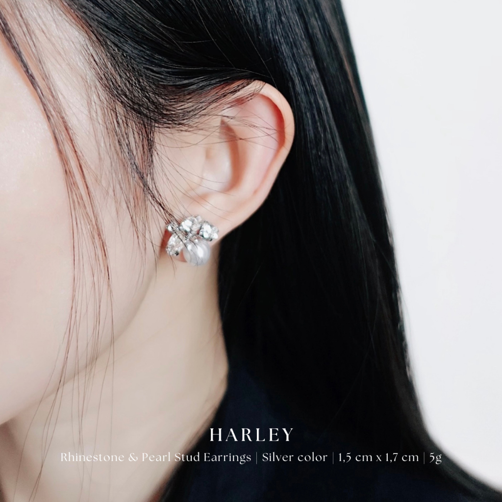 Bông tai, khuyên tai đi tiệc ✨đính đá và hạt✨ màu bạc phong cách Hàn Quốc sang trọng thanh lịch, Harley Jewelry