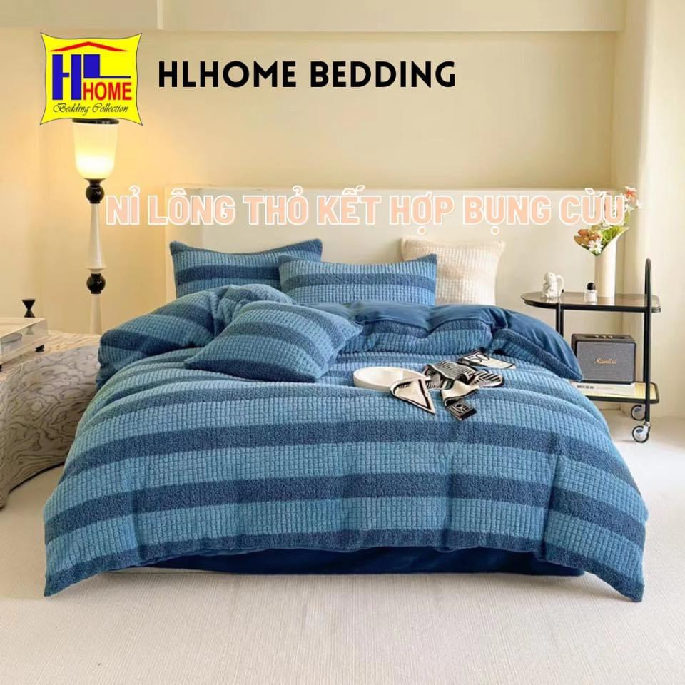 Bộ chăn ga nỉ nhung lông thỏ HLHOME kết hợp bụng cừu ấm áp, siêu mịn, không tĩnh điện