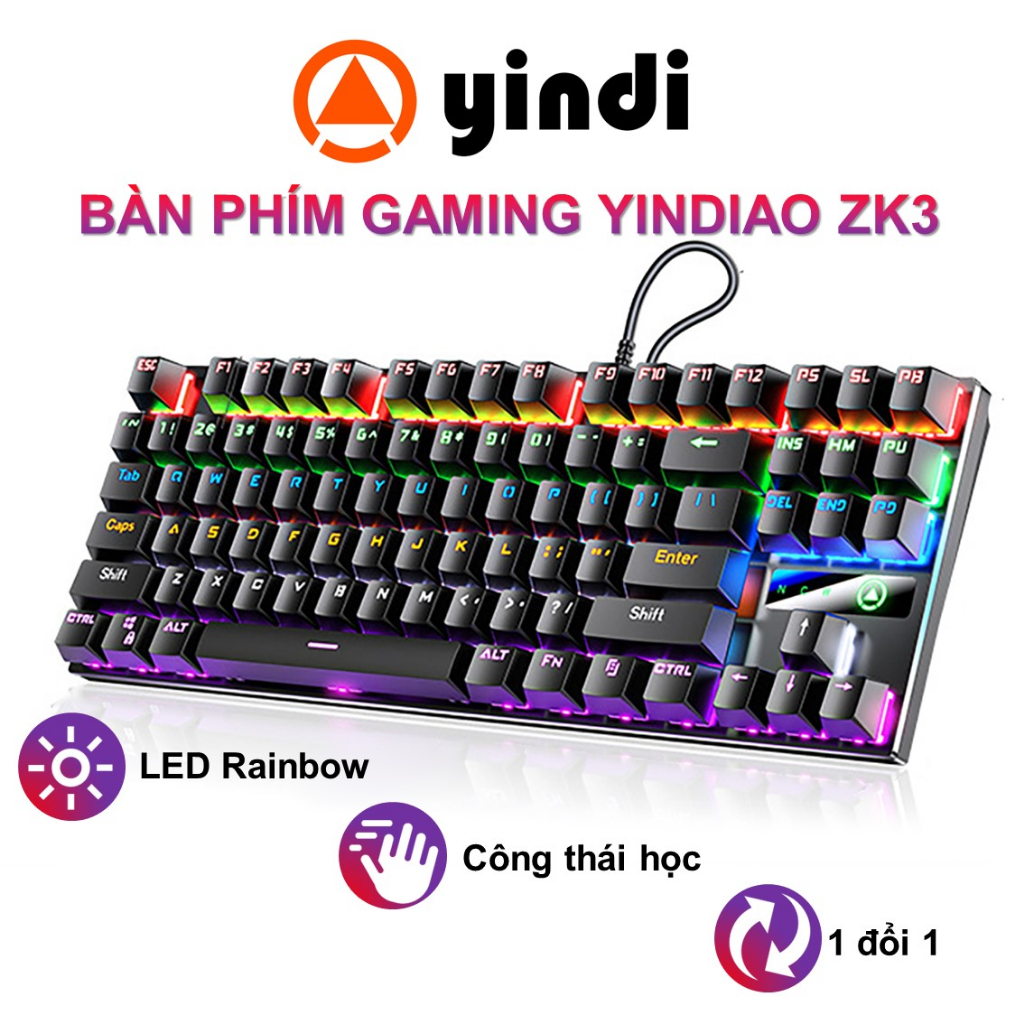 Bàn phím cơ gaming YINDIAO ZK3 TKL 87 key và Full size 104 key đèn led RGB chuyên chơi game ESPORTS cho máy tính