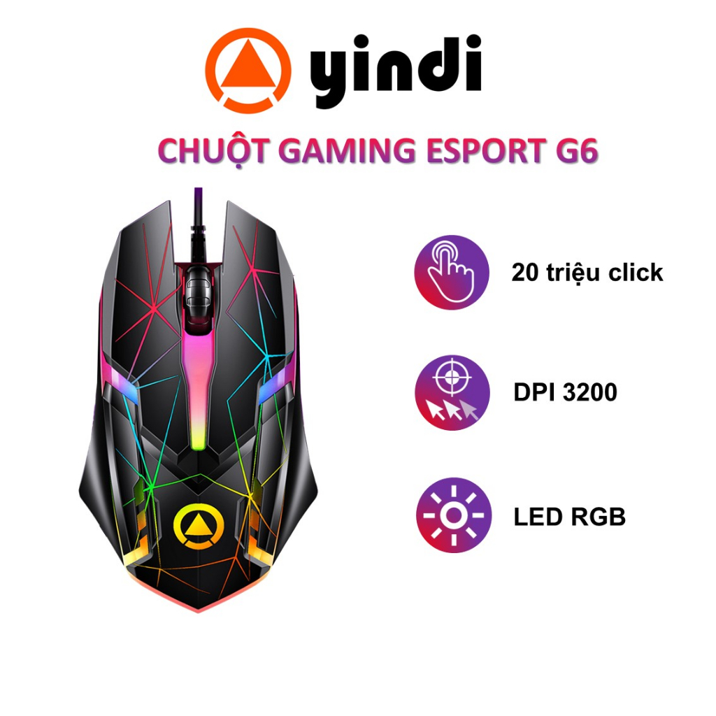 Chuột gaming máy tính có dây YINDIAO G6 có Led Rgb biến đổi DPI 3200 chuyên chơi game FPS Moba - Hàng chính hãng