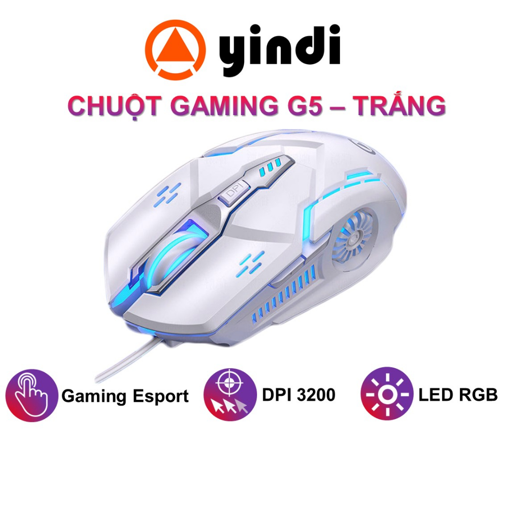 Chuột máy tính gaming YINDIAO G5 màu trắng có dây thiết kế công thái học đèn led RGB phù hợp chơi game ESPORTS giá rẻ