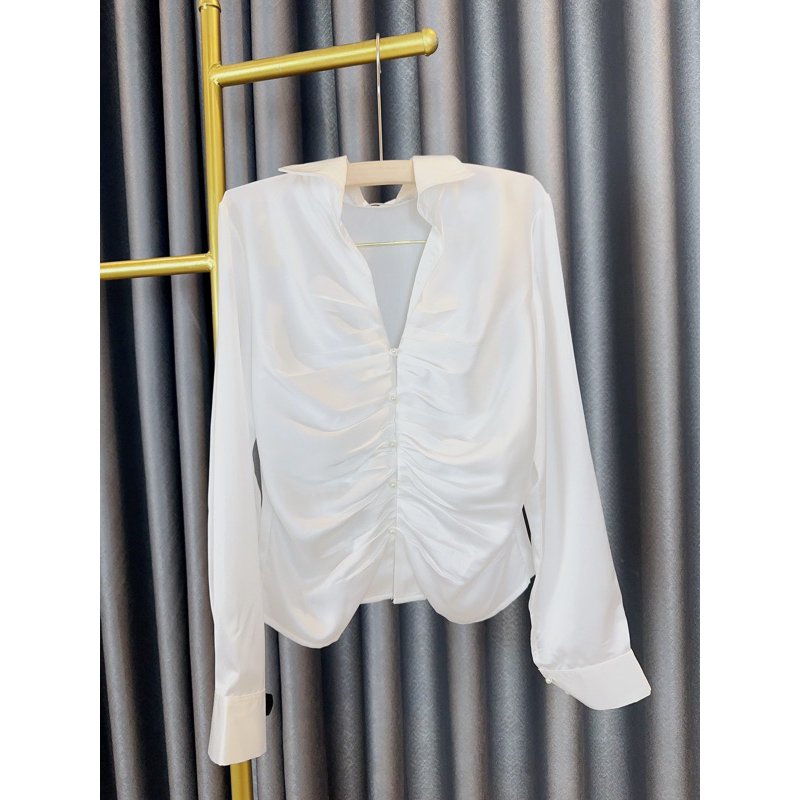 Sơ mi nữ satin nhún ngực sang xịn