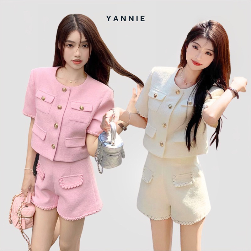 Set đồ gồm áo khoác ngắn tay crotop cổ tròn + quần short đùi thanh lịch tiểu thư mùa hè phong cách Hàn Quốc Yannie