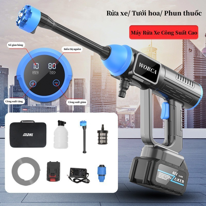 WORCA Máy Rửa Xe Cao cấp/Chạy Pin _Rửa xe,tưới cây,vệ sinh chuồng trại/Máy rửa xe không dây dùng pin Lithium/máu rửa xe