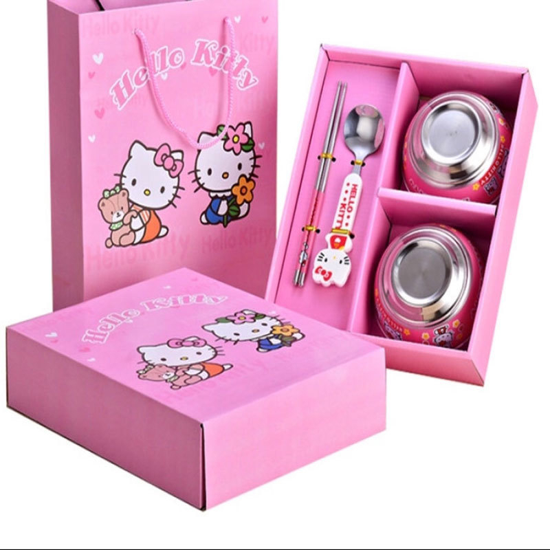 Hộp 2 bát cách nhiệt kèm đũa thìa hình Doremon/Hello kitty cho bé trai bé gái
