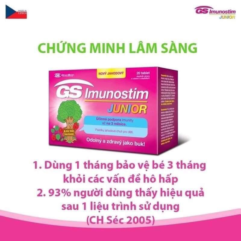 Viên ngậm GS Imunostim Junior giúp tăng cường sức đề kháng cho bé. giảm ốm vặt , bảo vệ hô hấp trên cho bé