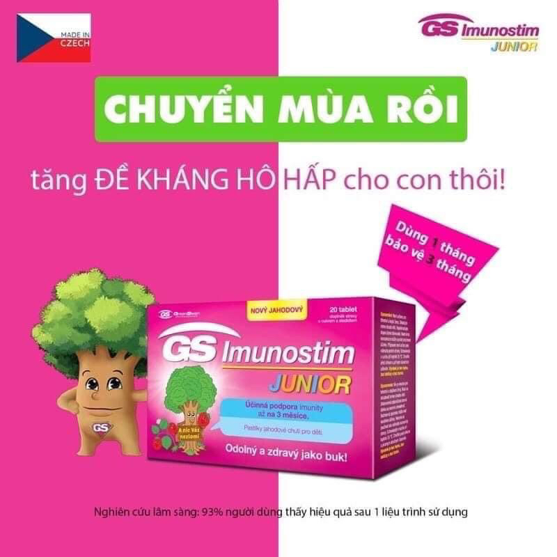 Viên ngậm GS Imunostim Junior giúp tăng cường sức đề kháng cho bé. giảm ốm vặt , bảo vệ hô hấp trên cho bé