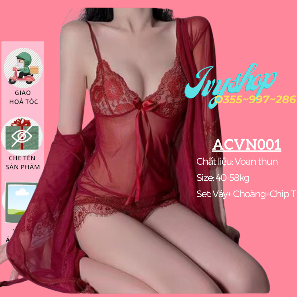 Bộ Váy Ngủ Kèm Áo Choàng Voan Thun Cao Cấp 4 màu siêu hot - ACVN001 - Ivyshop
