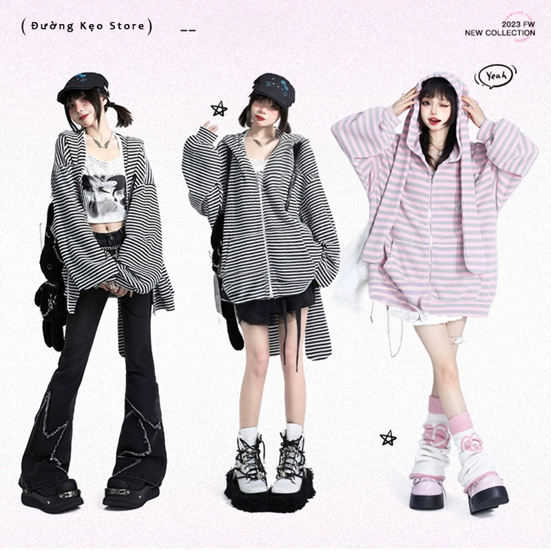 Áo khoác len cardigan mũ thỏ tai dài sọc ngang nhỏ có hoodie mũ khóa kéo len dày dặn oversize ngọt ngào